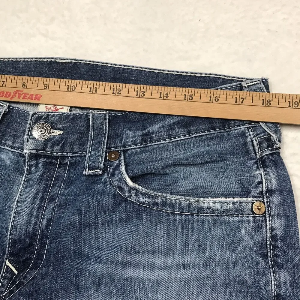 TRUE RELIGION Ricky Jean Men 34(36x28) Light Wash Whisker Distressed Flap Pocket